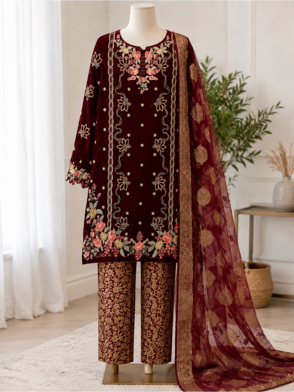Embroidered Velvet Straight-Leg Pants Set in Maroon